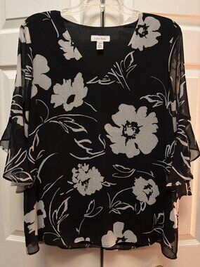 Calvin Klein Black White Floral Sheer Flutter Sleeve Blouse Medium